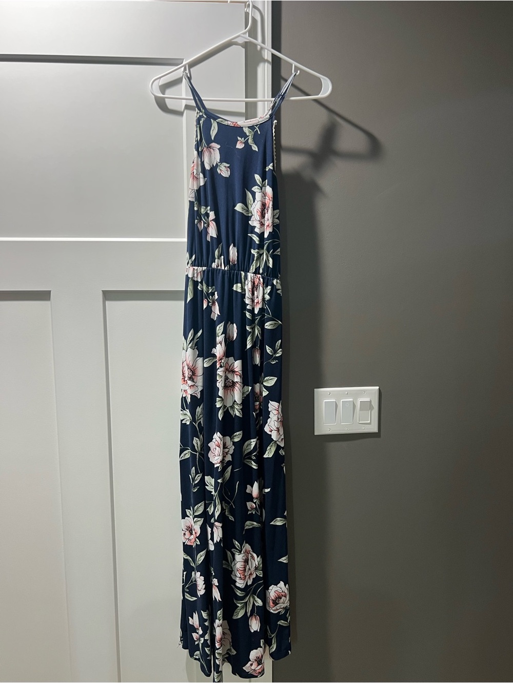 Navy Floral Maxi Dress with Pink Floral Print